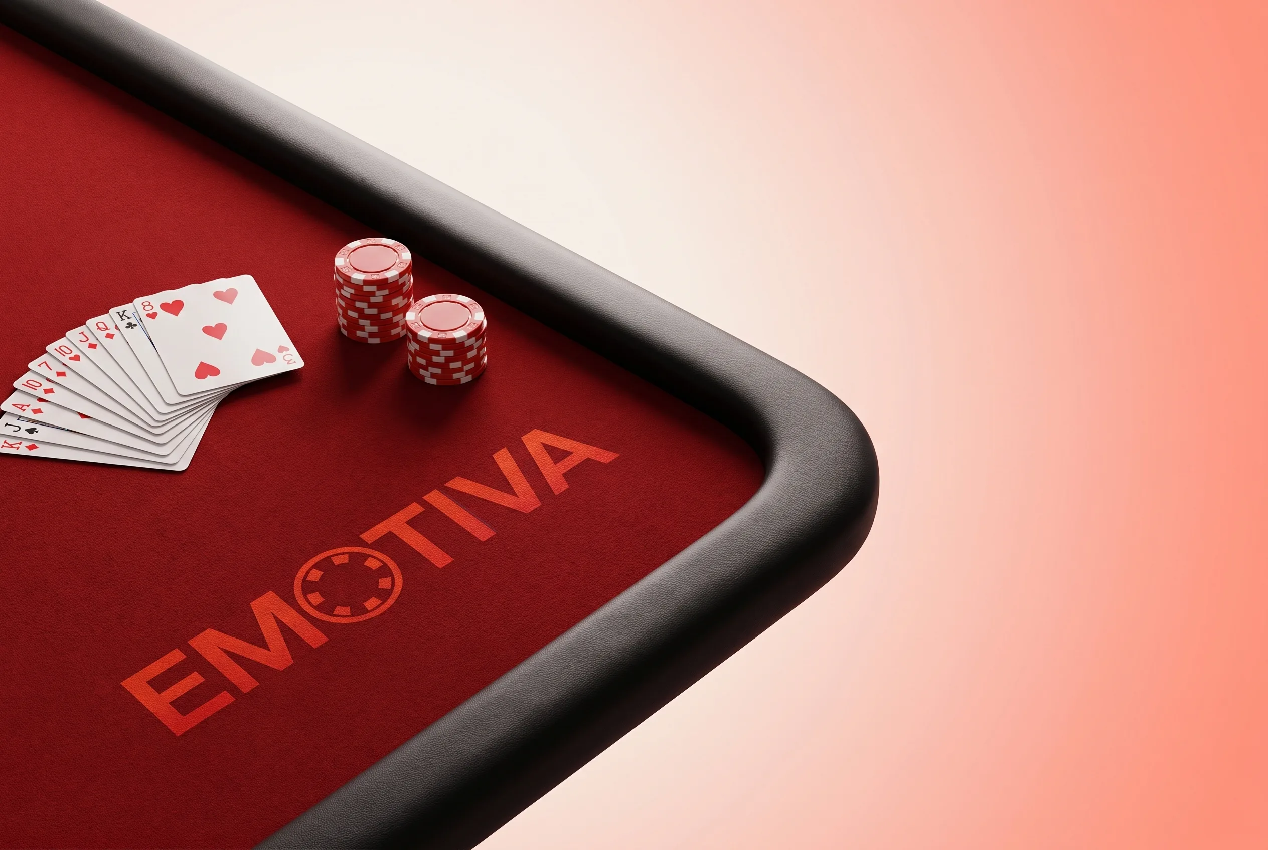 Mesa de casino con cartas, fichas y el logotipo de Emotiva.